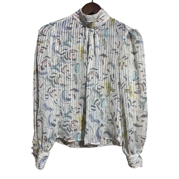 Vintage LATC Petites white pleated blouse with colorful print - Women's Size 4 - Picture 1 of 10